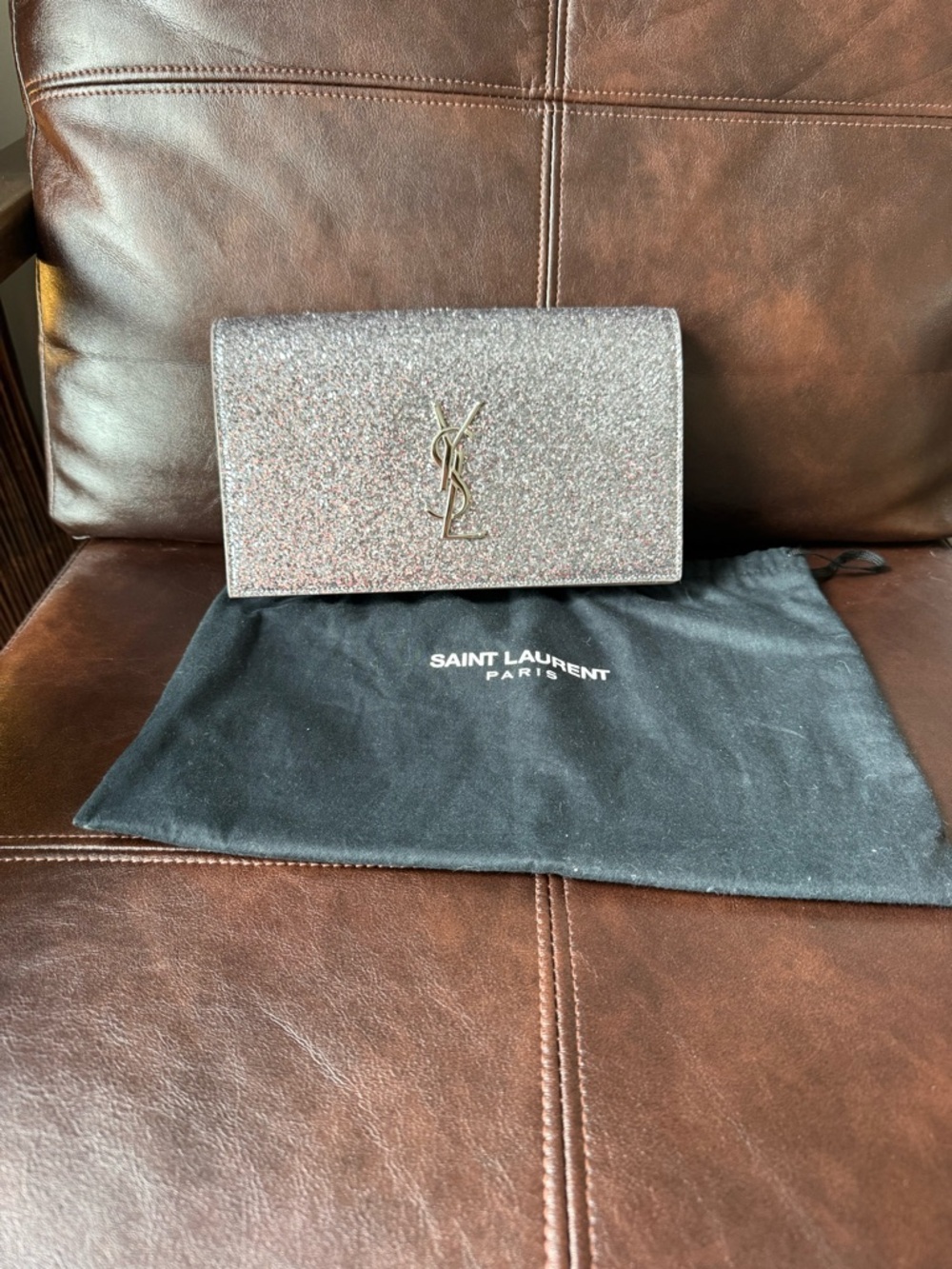 Saint Laurent Silver Glitter YSL Envelope Clutch